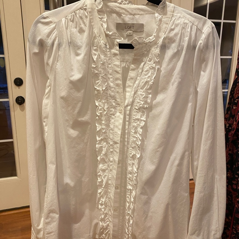 LOFT Ivory Ruffle Front Blouse